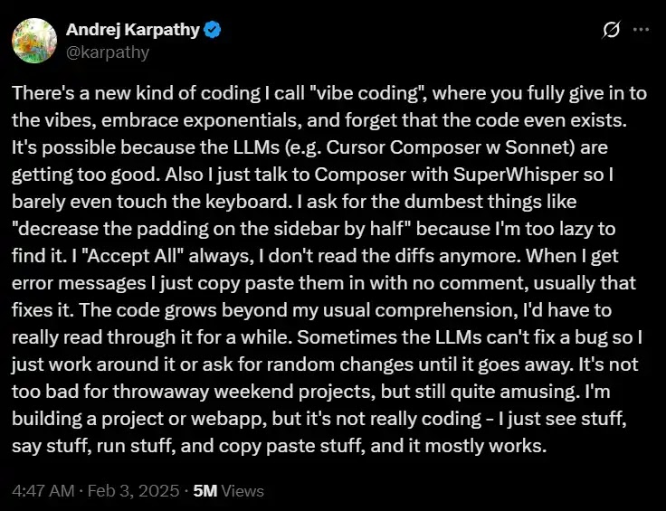 Vibe coding by Andrej Karpathy